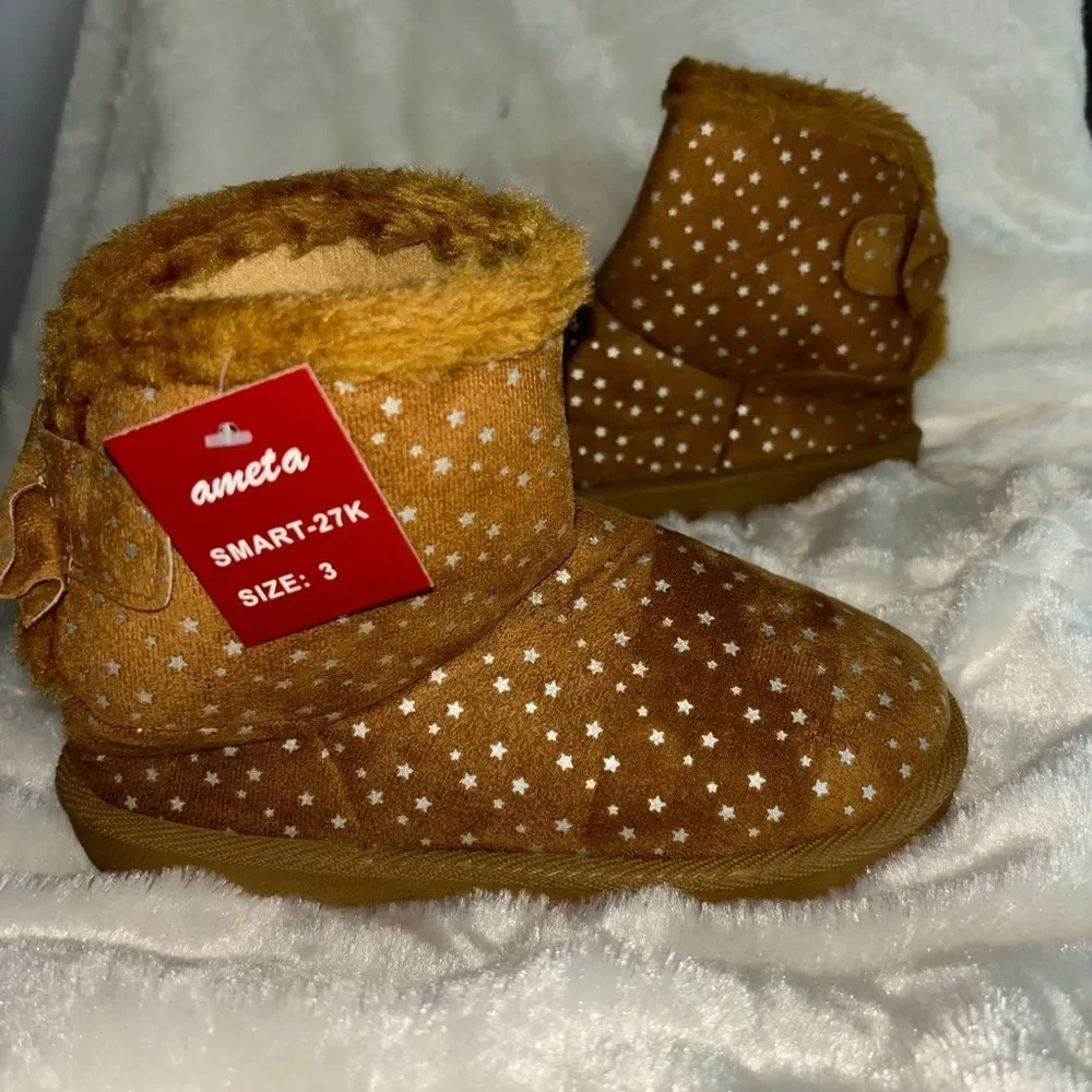 Plush Faux Fur Brown Boots With Silver Stars size 3 NIB